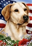 Yellow Labrador In A Field Of Flowers With An American Flag Behind The Dog Garden Flag Art Work Is By Tamara Burnett