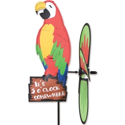 Party Macaw Spinner sitting on a sign that states It's 5:00 Somewhere. Tail spins in a gentle breeze. All hardware included.