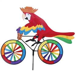 Large Parrot On A Bicycle Garden Spinner with colorful wheels that spin in a gentle breeze. All hardware included.