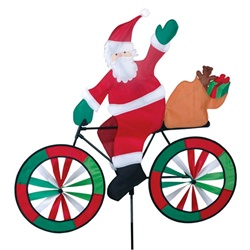 Large Santa On A Bicycle Garden Spinner with colorful wheels that spin in a gentle breeze. All hardware included.