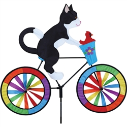 Tuxedo Cat On A Large Bicycle Garden Spinner with wheels that spin in a gentle breeze. All hardware included.