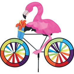 Flamingo On A Large Bicycle Garden Spinner with wheels that spin in a gentle breeze. All hardware included.