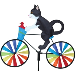 Tuxedo Cat On A Small Bicycle Garden Spinner with wheels that spin in a gentle breeze. All hardware included.