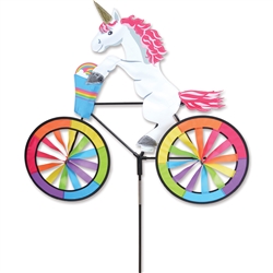 Fantasy Unicorn On A Small Bicycle Garden Spinner with wheels that spin in a gentle breeze. All hardware included.