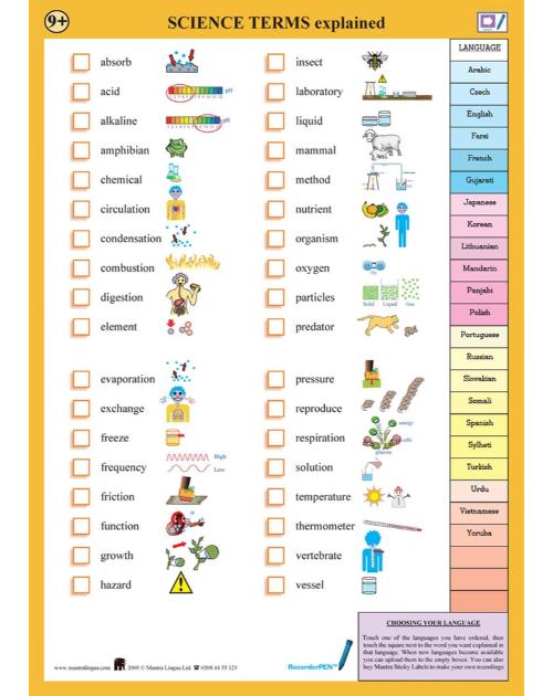 Science Terms - Multilingual STEM Talking Chart - includes Science terms in Spanish, Arabic, French, Russian, Turkish and many other languages. Terms include condensation, combustion, digestion, friction, organism, respiration and more.