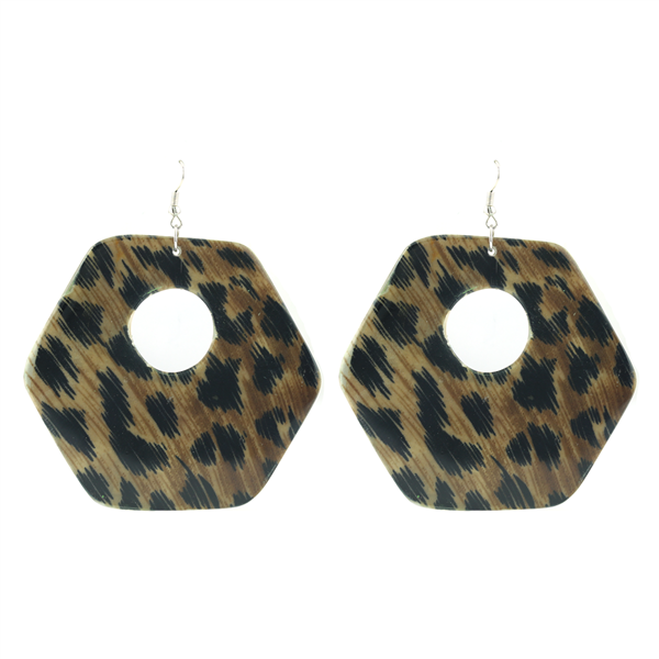 Fashion Big, Lightweight Brown Leopard Animal Print Hexagon Shaped Silver Toned Fish Hook Earrings