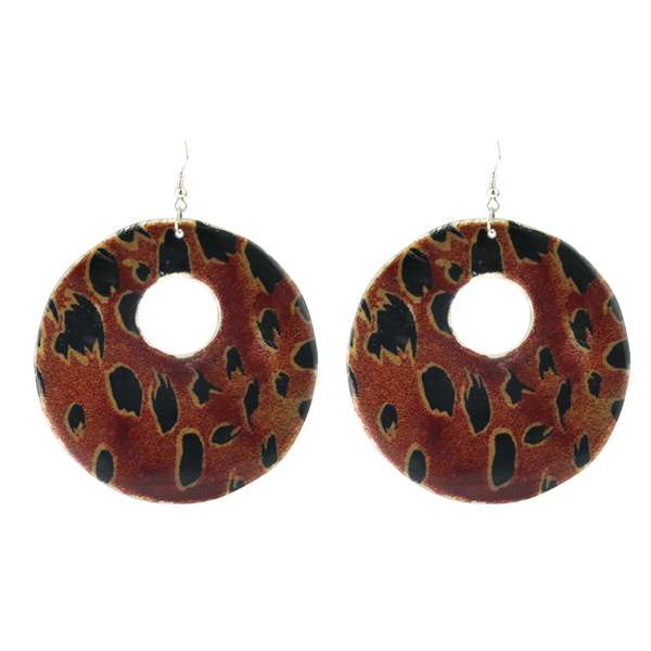 Fashion Big, Lightweight Burgundy Cat Animal Print Round Shaped Silver Toned Fish Hook Earrings