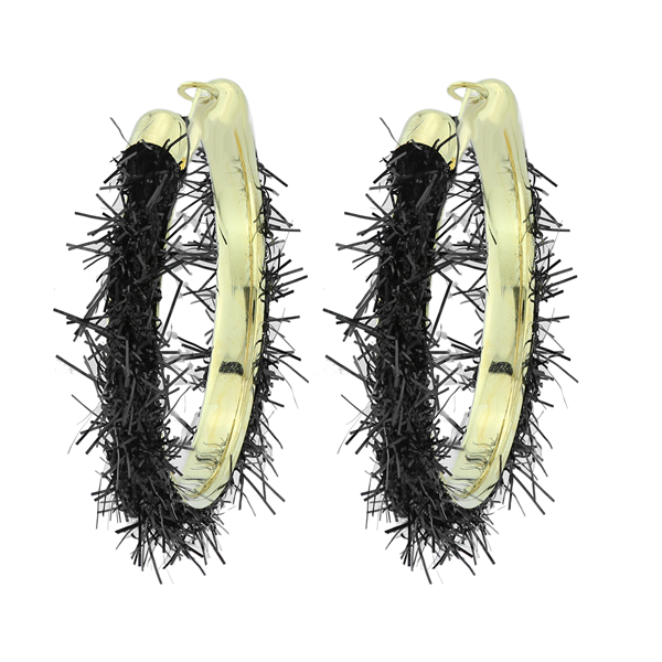 Gorgeous Stylish 50MM Black Fray Open Hoop Gold-Toned Earrings