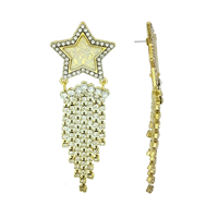 Gorgeous Sparkling Clear Crystals Iridescent Star Tassel Dangle Gold-Toned Earrings