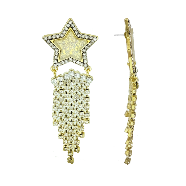 Gorgeous Sparkling Clear Crystals Iridescent Star Tassel Dangle Gold-Toned Earrings