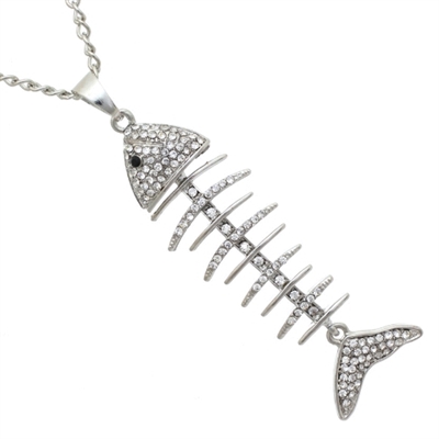 Silver Crystal Fish Bone Necklace