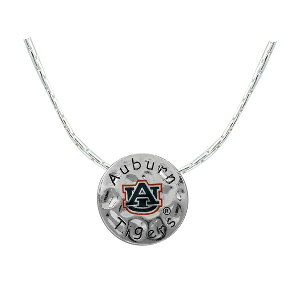 Auburn Team Colored Logo & Black Text Hammered Round Silver Necklace