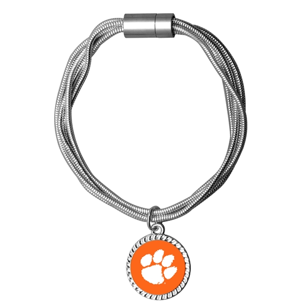 College Fashion Clemson University Logo Charm Multi-Layered Snake Chain Pop Clasp Burma Bracelet