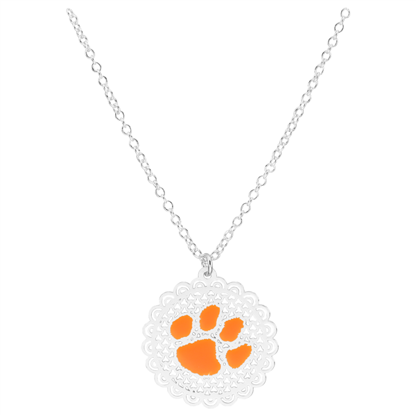 College Fashion Filigree Cut Clemson University Logo Charm Lobster Clasp Silver Chain Necklace