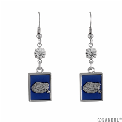 University of Florida Blue Squared Charm Silver Logo Crystal Fish Hook Dangle Earrings