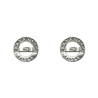 Half Crystal Louisiana State University Logo Engraved Tigers Silver Earrings