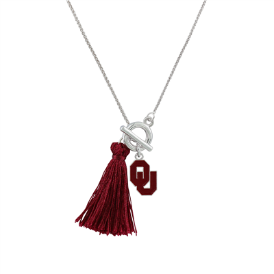 College Fashion University of Oklahoma Logo Charm Tassel Norma Necklace Lobster Clasp