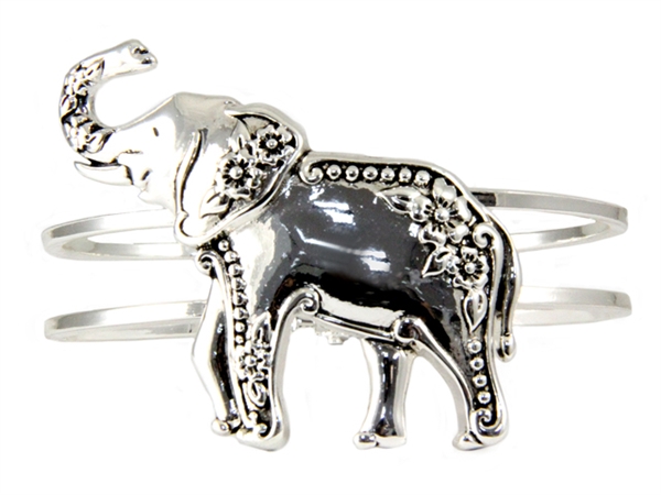 Stylish Silver Floral Elephant Hinge Bangle Bracelet