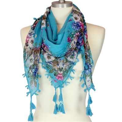 Turquoise & Colorful Floral Fringed Scarf