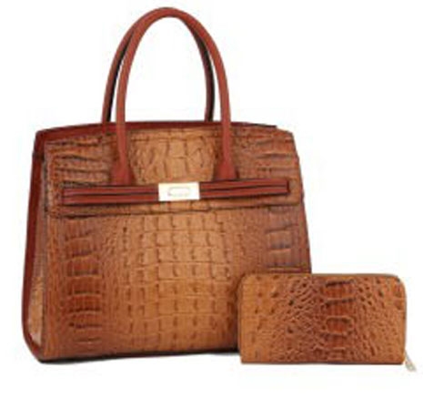 Stylish Brown Faux Crocodile Leather Birkin-Inspired Fashion Shoulder Satchel Set
