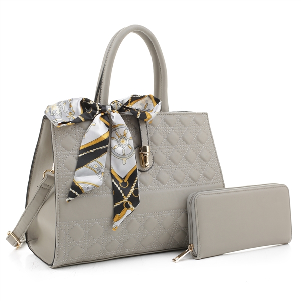 Luxurious Fashion Soft Leather Diamond Stitched Grey Satchel Handbag Set