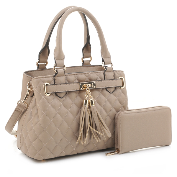 Quilted Diamond Stitched Taupe Faux Leather Satchel Handbag Set