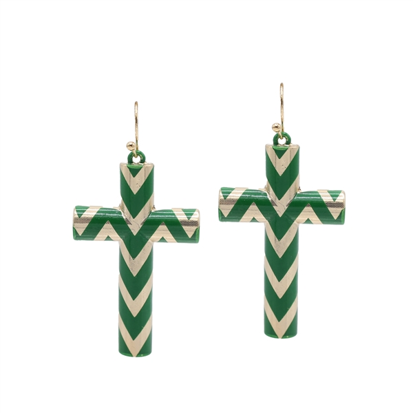 Chic Green & Gold Chevron Inspired Cross Gold Toned Post Dangle Earrings