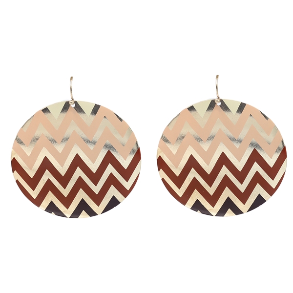 Fashion Lightweight Round Ivory, Light Pink, Brown, & Black Chevron Gold Toned Fish Hook Earrings