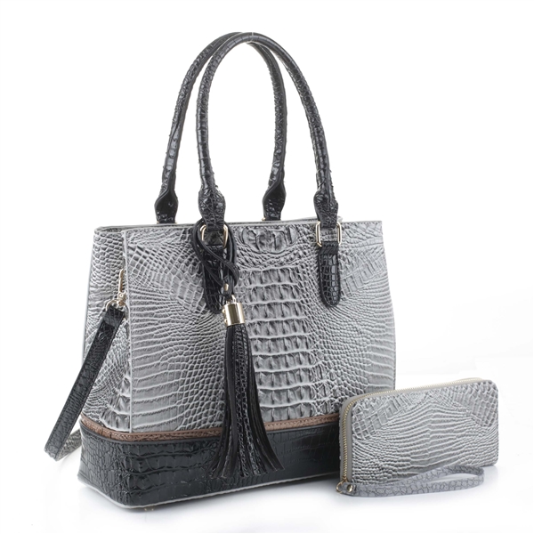 Two-Toned Box-Like Gray & Black Faux Alligator Patent Leather Satchel Set