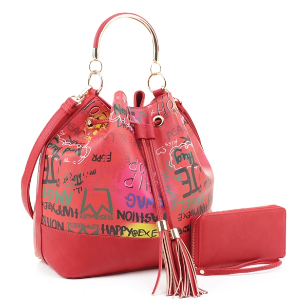 Colorful Graffiti Printed Red & Multi Boho Handbag Set