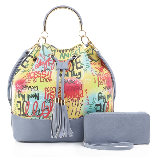 Colorful Graffiti Printed Yellow, Blue & Multi Boho Handbag Set