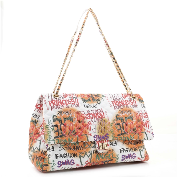 Colorful Graffiti Printed White & Multi Clutch Duffle Satchel Bag