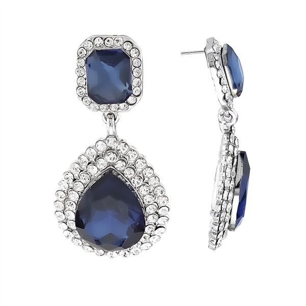 Stunning Sparkling Clear Crystal Navy Blue Stone Silver-Toned Stud Earrings