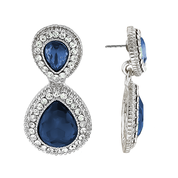 Stunning Sparkling Clear Crystal Navy Blue Teardrop Stone Silver-Toned Stud Earrings
