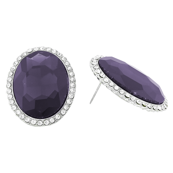 Stunning Sparkling Oval Crystal Amethyst Stone Silver-Toned Stud Earrings