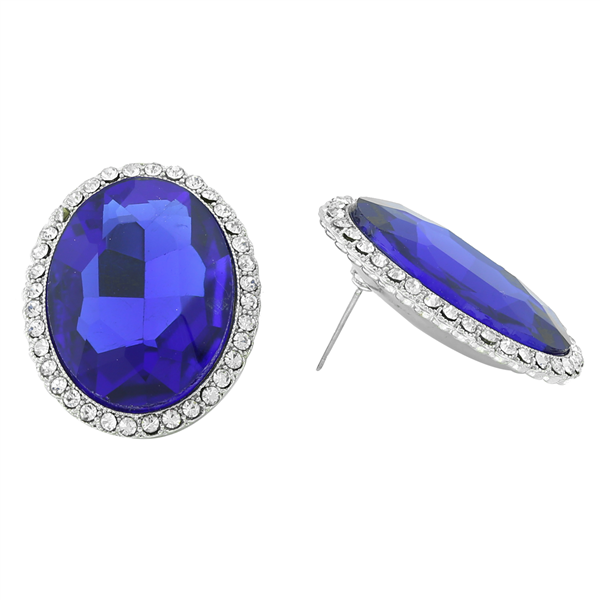 Stunning Sparkling Oval Crystal Sapphire Stone Silver-Toned Stud Earrings