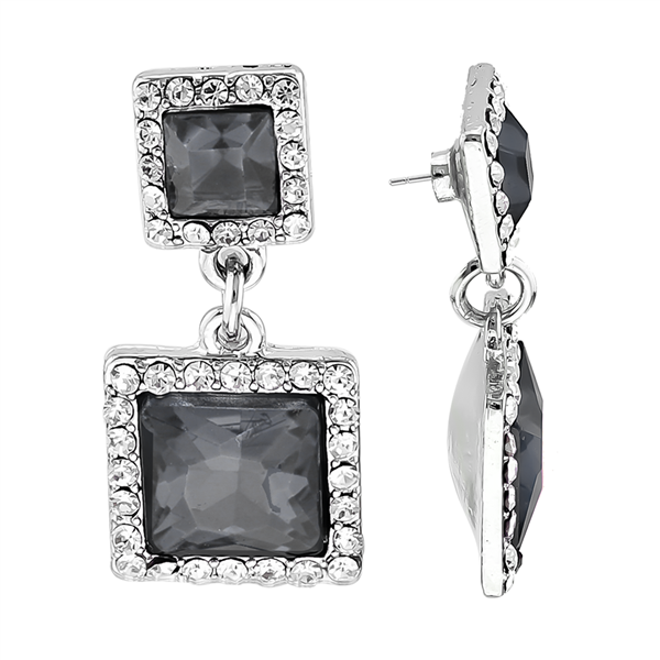 Stunning Sparkling Clear Crystal Black Squared Stone Silver-Toned Stud Earrings
