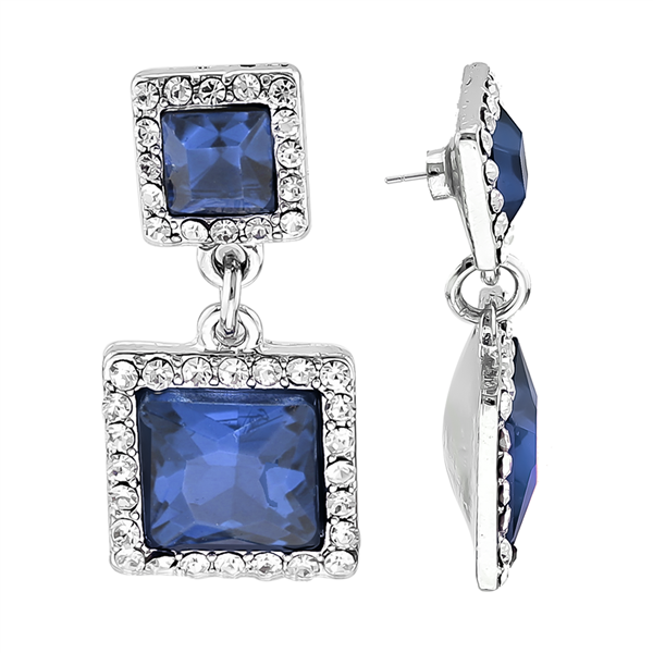 Stunning Sparkling Clear Crystal Navy Blue Squared Stone Silver-Toned Stud Earrings