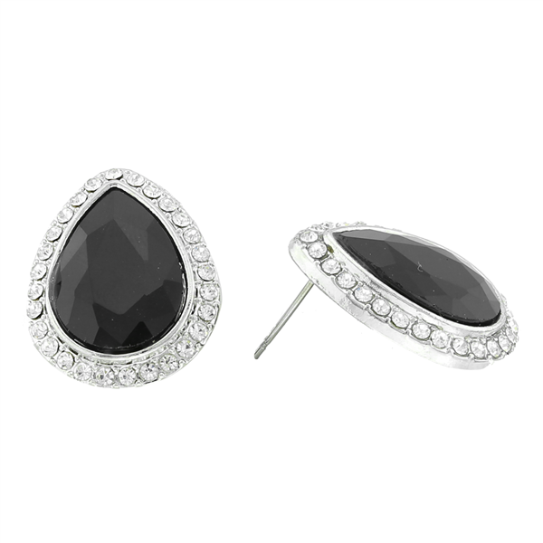 Stunning Sparkling Teardrop Crystal Jet Black Stone Silver-Toned Stud Earrings