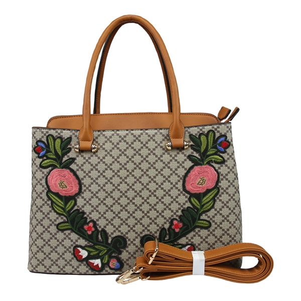 Brown Embroidered Rose Print Satchel