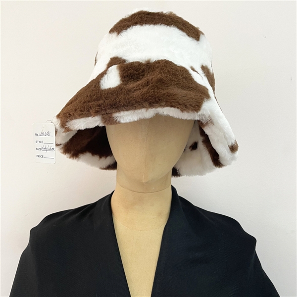 Brown & White Cow Print Design Warm & Cozy Soft Faux Fur Fashion Bucket Hat