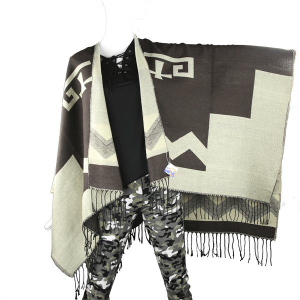 Semi-Thin Brown & Beige Aztec Fringed Shawl Wrap