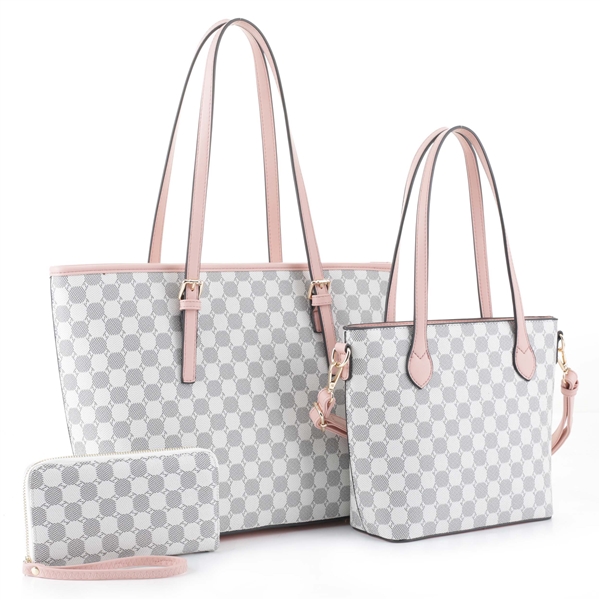 Stylish Timeless 3 Piece All-Over Pattern Pink & White Tote Satchel Set