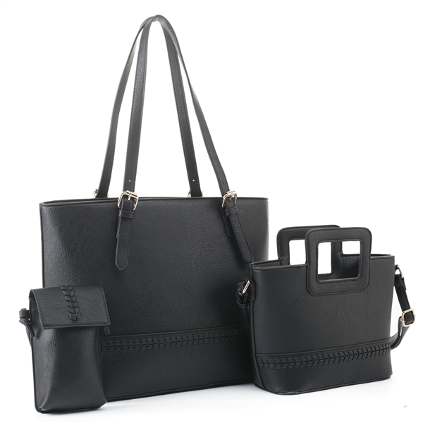 Modern Contemporary 3 Piece Midnight Black Faux Leather Satchel Set