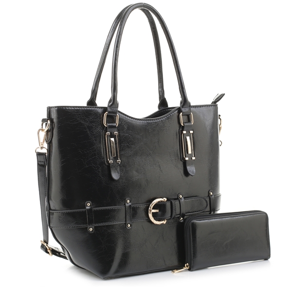 Stylish Shiny Black Faux Leather Buckle Satchel Handbag Set