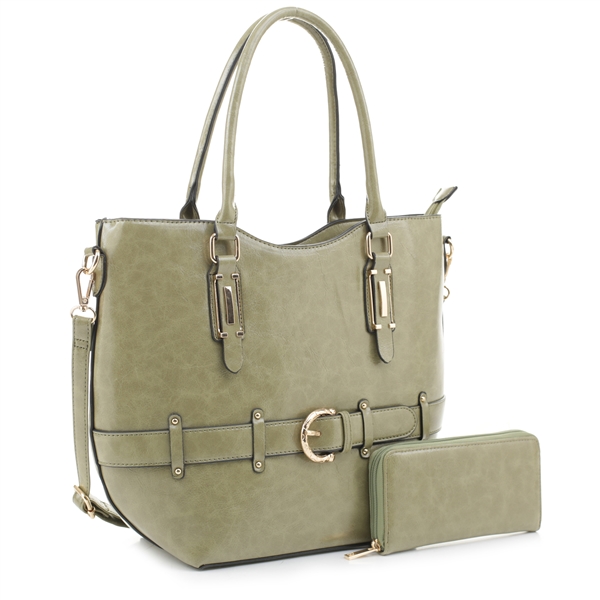 Stylish Shiny Sage Green Faux Leather Buckle Satchel Handbag Set