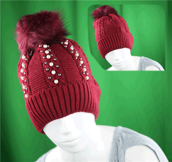 Simple Stylish Silver & Creme Toned Peals Fuzzy Top Cotton Red Fashion Beanie Hat