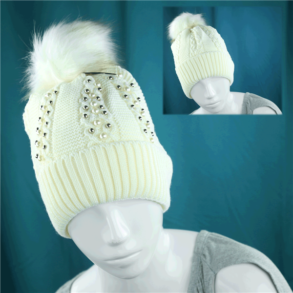 Simple Stylish Silver & Creme Toned Peals Fuzzy Top Cotton Ivory White Fashion Beanie Hat