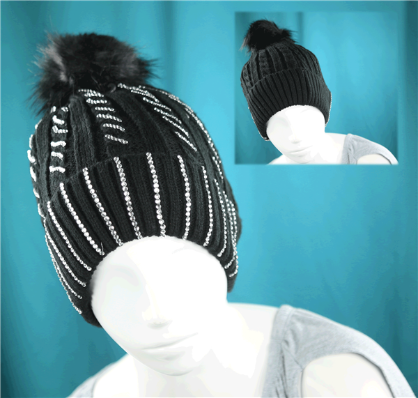 Sparkling Striped Silver Toned Sequins Fuzzy Top Warm Fashion Cotton Black Beanie Hat