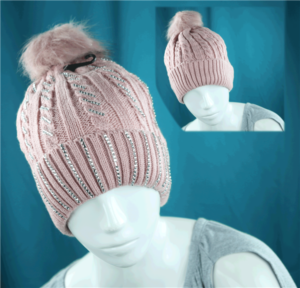 Sparkling Striped Silver Toned Sequins Fuzzy Top Warm Fashion Cotton Pink Beanie Hat
